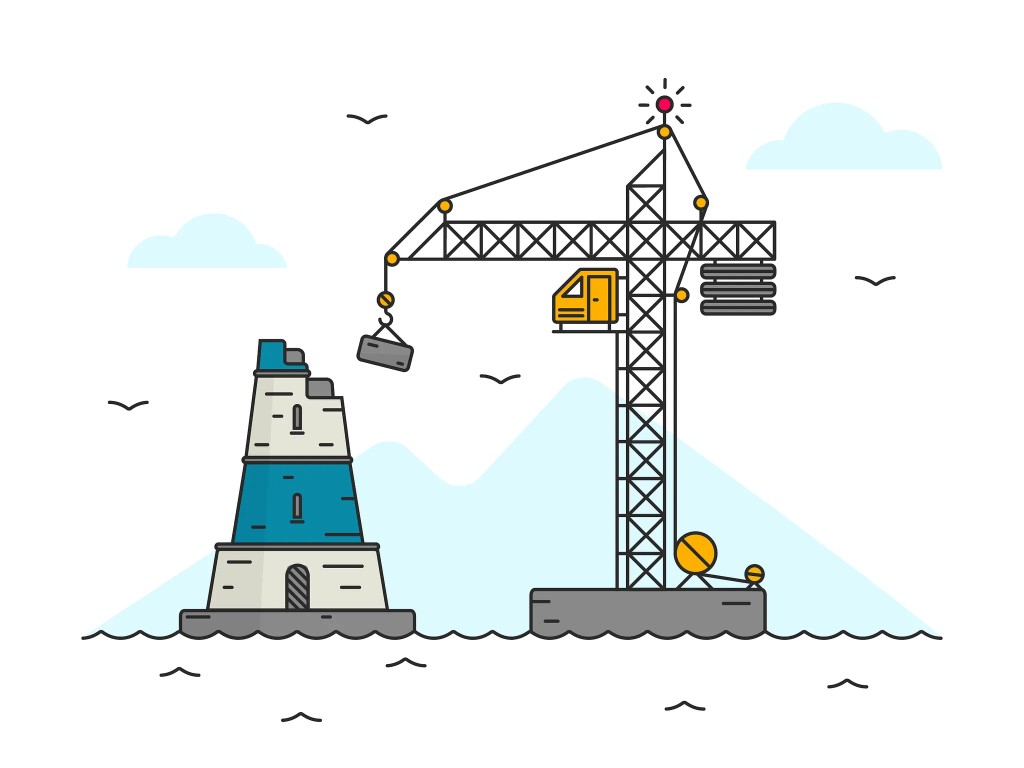 Construction crane building a lighthouse